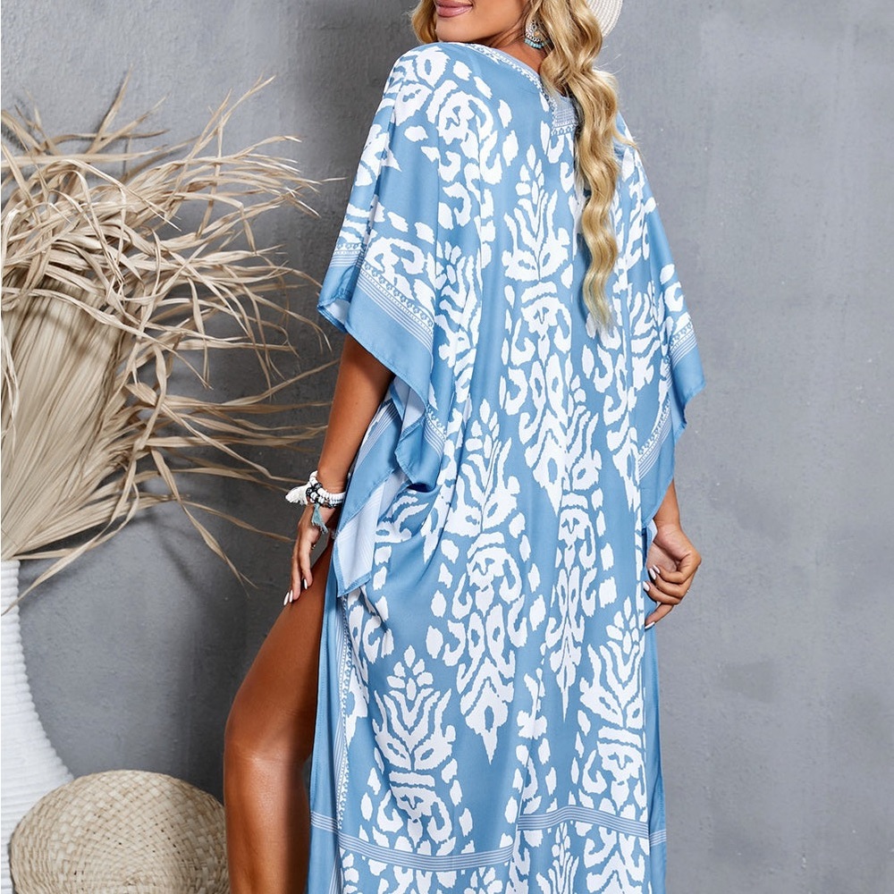 NWT Light Blue Color | Printed Open Front Duster Kimono with Tassel Trim